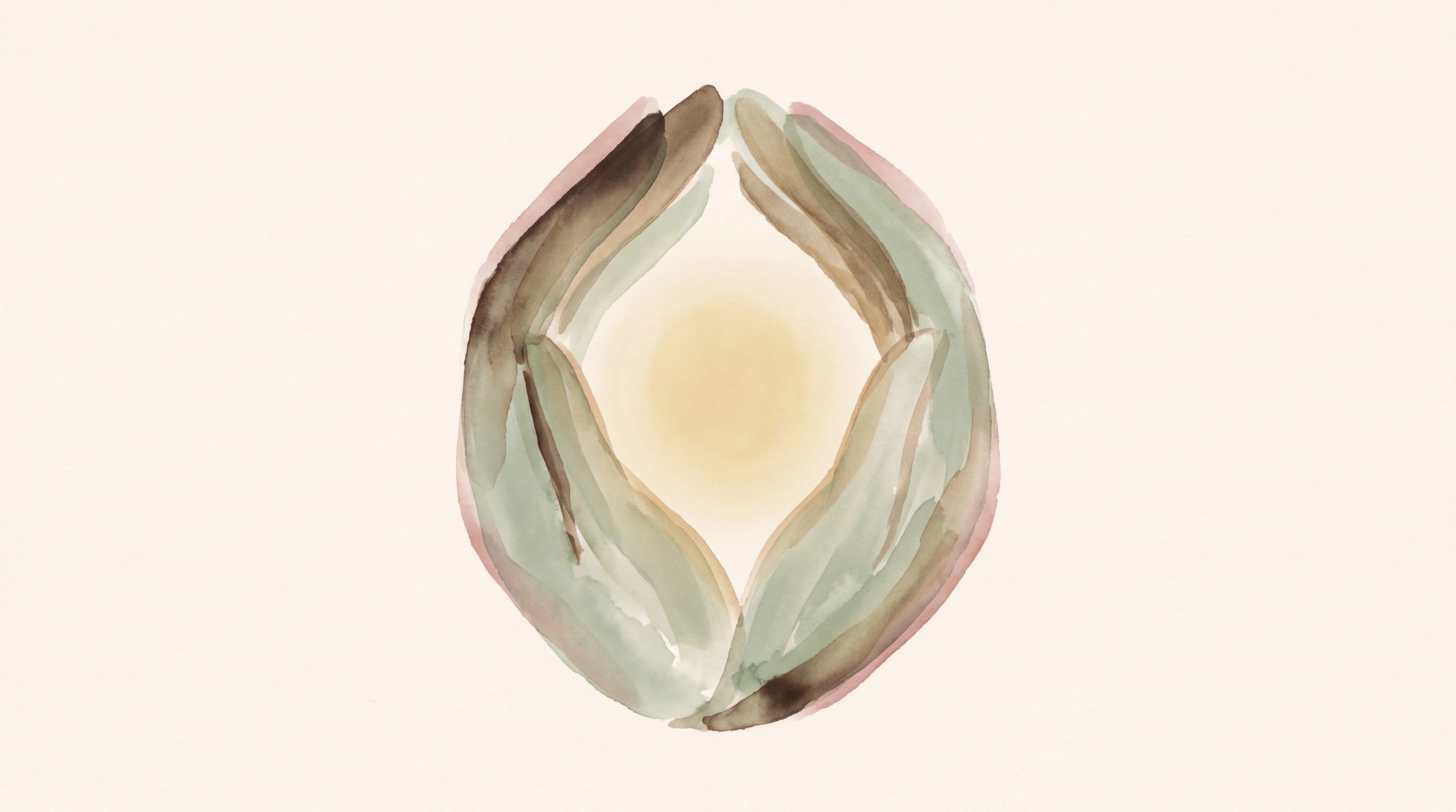 Painterly editorial illustration of a soft cocoon shape made of sage and warm-brown watercolor brushstrokes folding inward, with a warm honey-gold glow held at the centre.