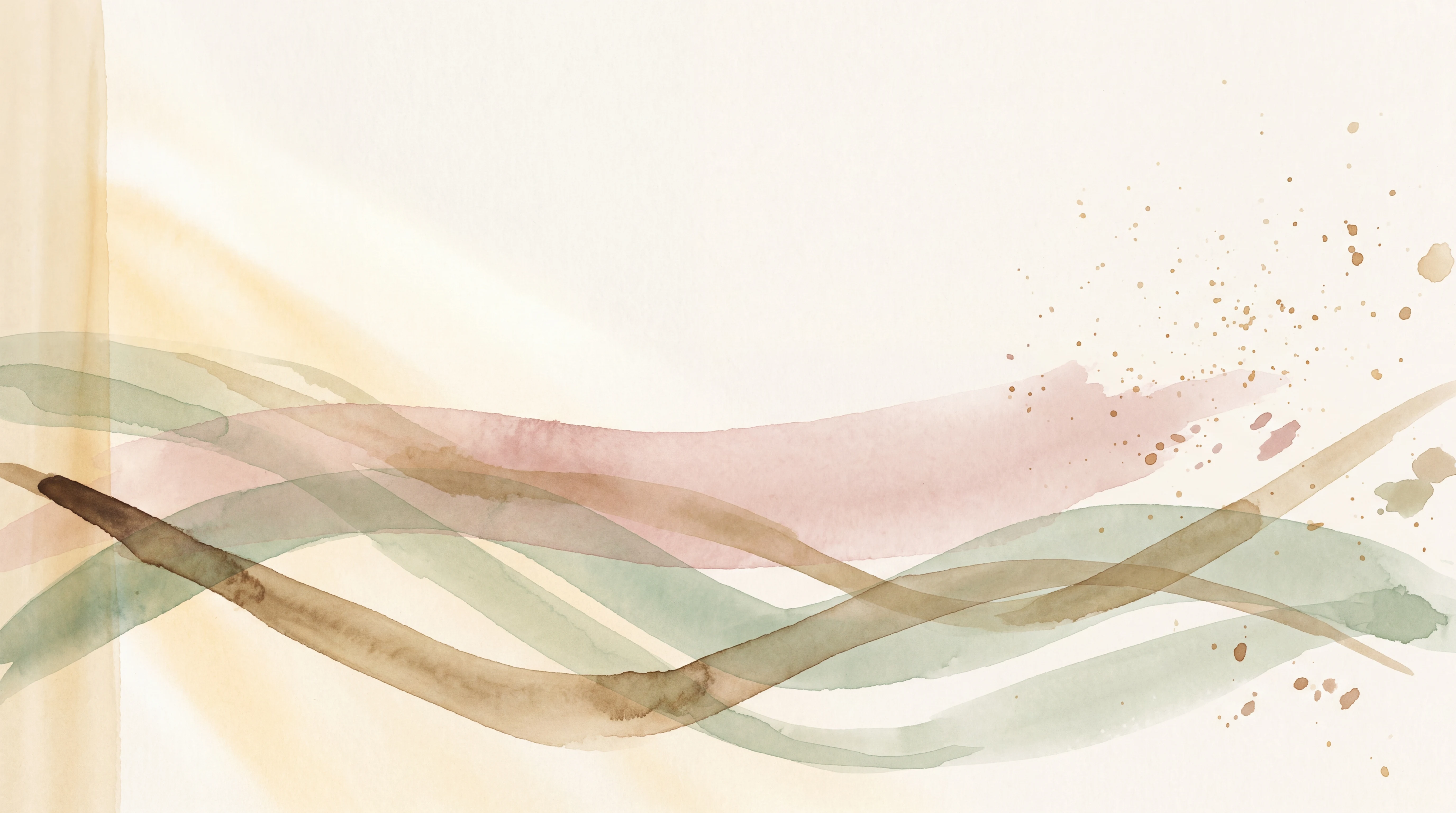 Painterly editorial illustration of warm afternoon light streaming in from the left across sage and warm-brown ribbons with a soft dusty-rose wash drifting through the lower portion.